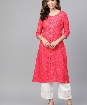 Printed Pink A-Line Straight Kurta