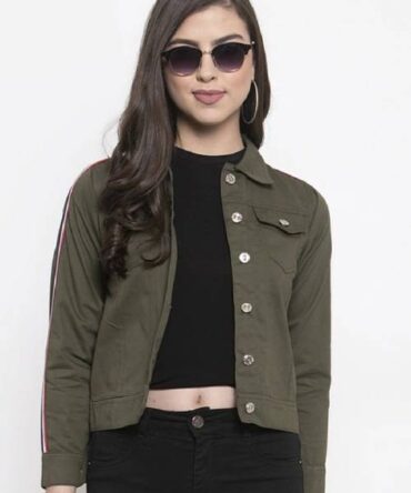 Denim Solid Green Casual Jacket