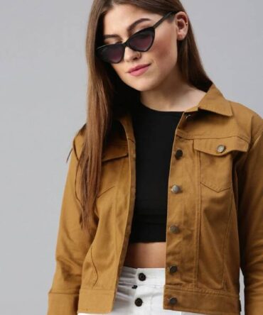 Denim Solid Khaki Casual Jacket